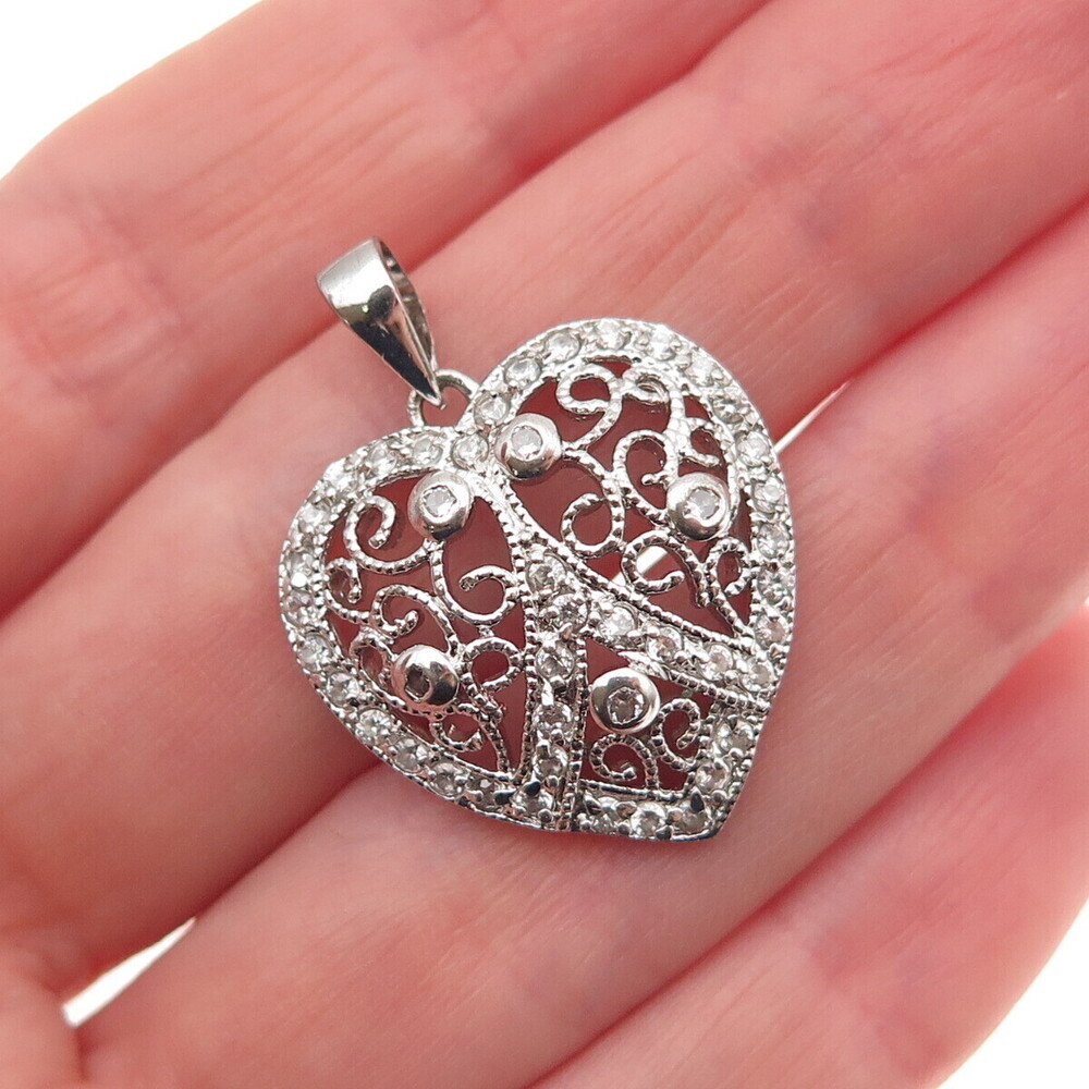 925 Sterling Silver Round-Cut C Z Floral Heart Charm Pendant